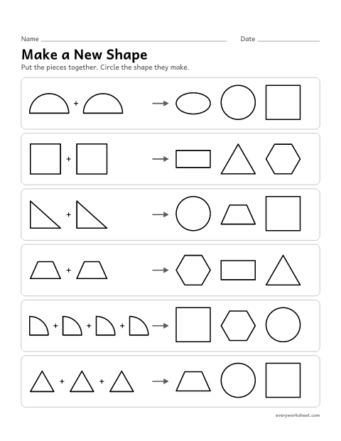 Preview of the printable “Make a new shape” worksheet: putting two or more shapes together to make a new shape