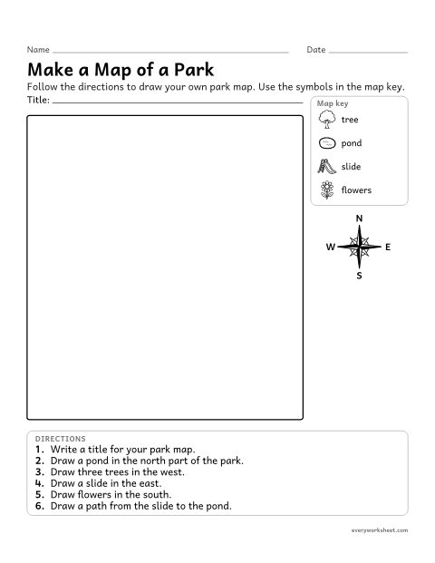 Preview of the printable “Make a park map worksheet” worksheet: making a map with a title, symbols, a map key and directions