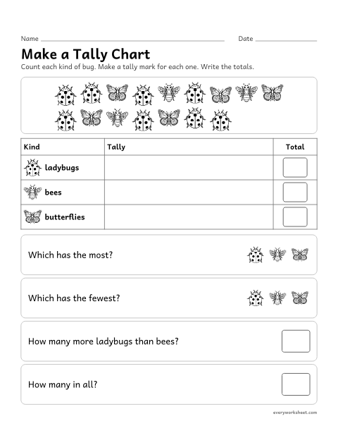 Preview of the printable “Make a tally chart” worksheet: counting pictures into a tally chart, then answering questions