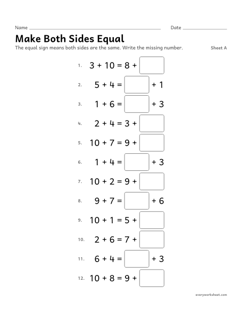 Preview of the printable “Make both sides Equal, sheet A” worksheet: finding the number that makes both sides equal