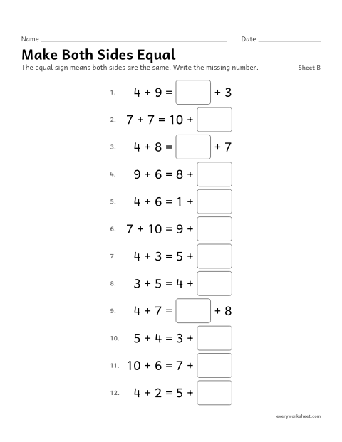 Preview of the printable “Make both sides Equal, sheet B” worksheet: finding the number that makes both sides equal