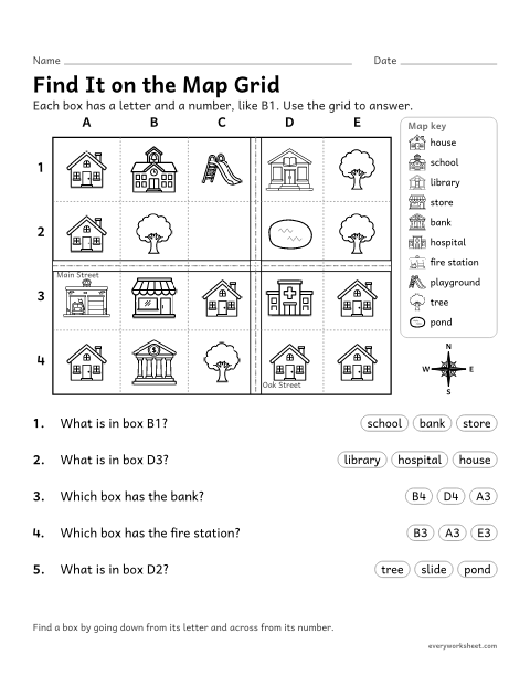 Preview of the printable “Map grid worksheet for 1st grade” worksheet: using letter and number grid boxes to find places on a map