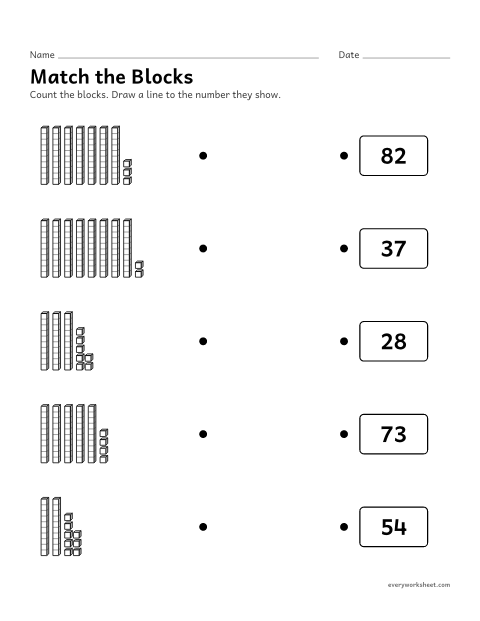 Preview of the printable “Match the blocks” worksheet: matching base-ten pictures to two-digit numbers