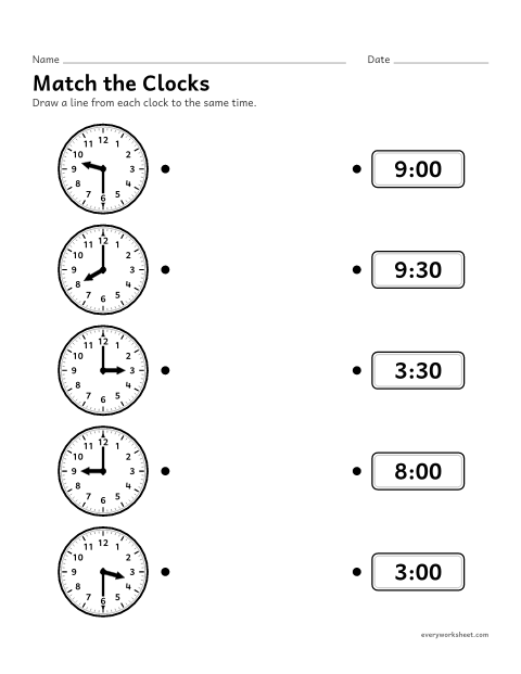 Preview of the printable “Match the clocks” worksheet: matching analog clocks to digital times