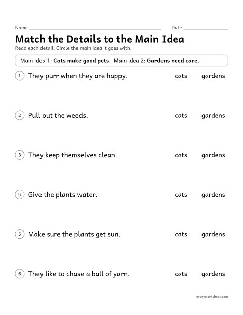 Preview of the printable “Match the details to the main idea” worksheet: matching details to the main idea they support