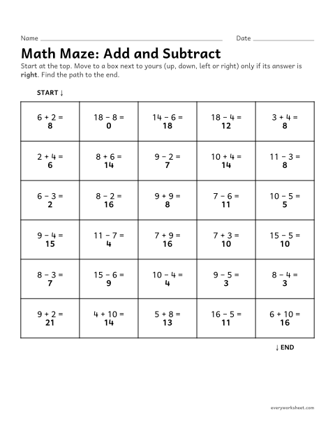Preview of the printable “Math Maze: add and subtract” worksheet: checking addition and subtraction facts within 20 to find the path through a maze