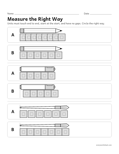 Preview of the printable “Measure the right way” worksheet: spotting gaps and overlaps: units must touch end to end from the start
