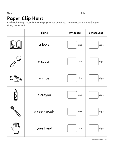 Preview of the printable “Paper clip hunt” worksheet: estimating, then measuring real things with paper clips