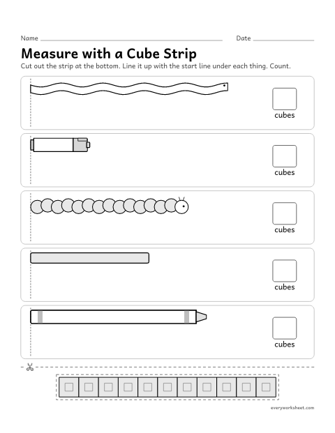 Preview of the printable “Measure with a cube strip” worksheet: measuring length with a cut-out strip of cubes