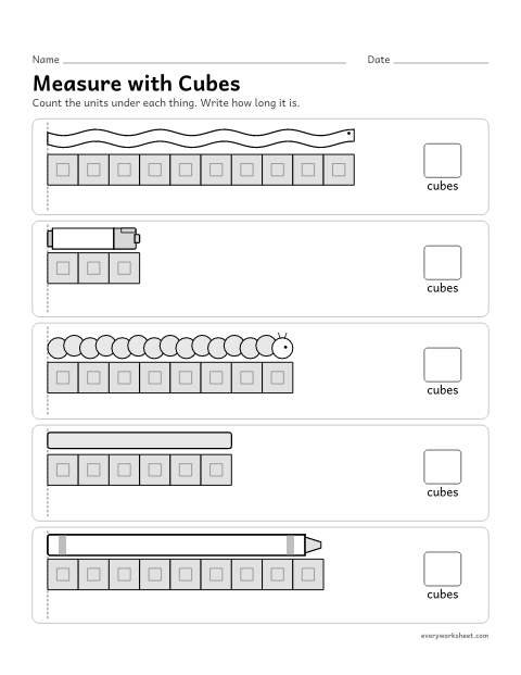 Preview of the printable “Measure with cubes” worksheet: measuring length with cubes laid end to end and writing the number of cubes
