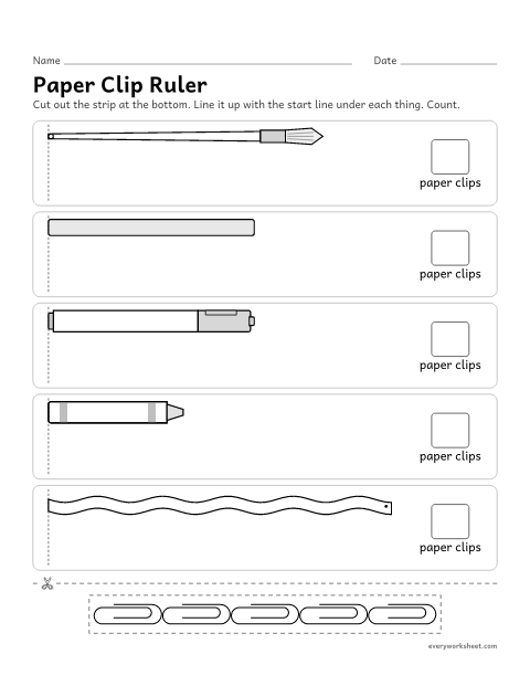 Preview of the printable “Paper clip ruler” worksheet: measuring length with a cut-out paper clip strip