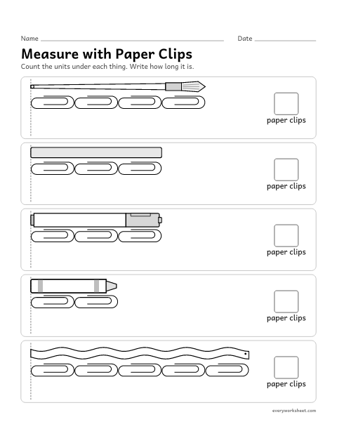 Preview of the printable “Measure with paper clips” worksheet: measuring length in paper clips laid end to end