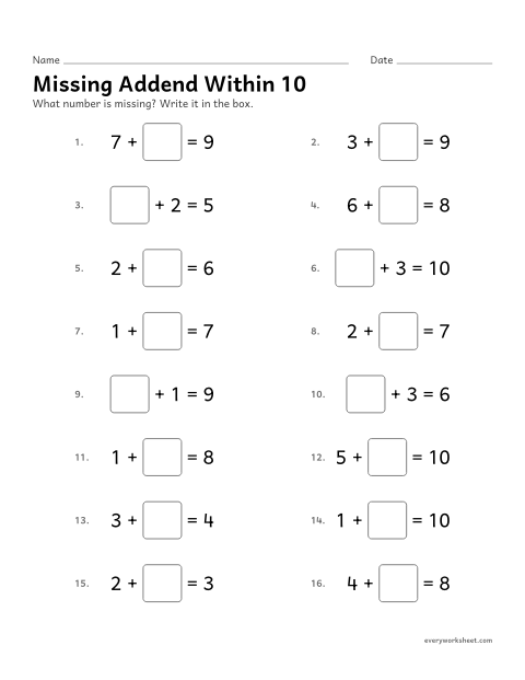 Preview of the printable “Missing addend within 10” worksheet: finding a missing addend within 10