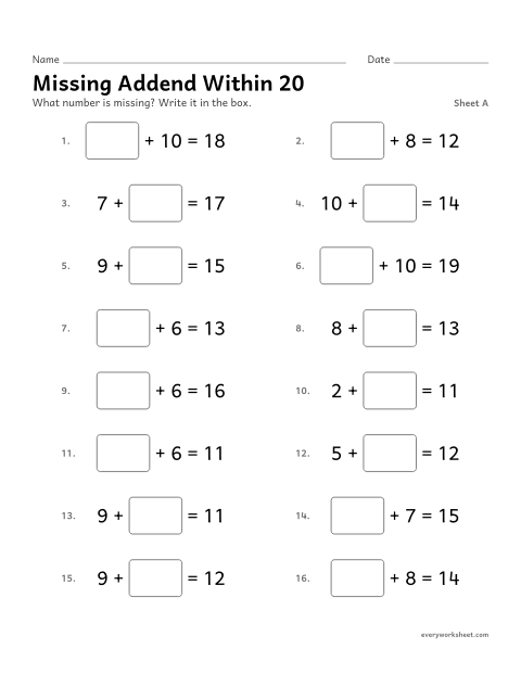 Preview of the printable “Missing addend within 20, sheet A” worksheet: finding a missing addend within 20