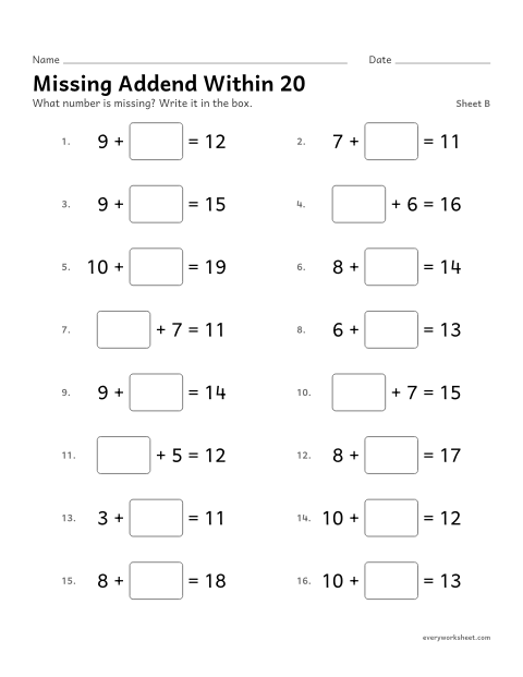 Preview of the printable “Missing addend within 20, sheet B” worksheet: finding a missing addend within 20