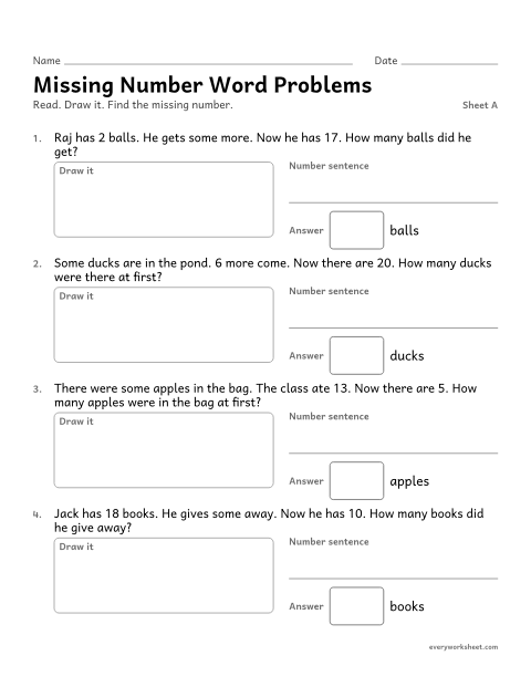 Preview of the printable “Missing number word Problems, sheet A” worksheet: solving word problems with the change or the start unknown