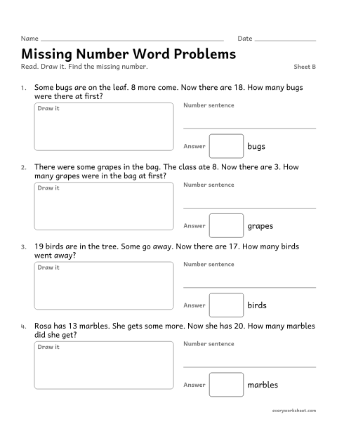 Preview of the printable “Missing number word Problems, sheet B” worksheet: solving word problems with the change or the start unknown
