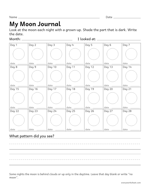Preview of the printable “Moon journal printable” worksheet: observing and recording the moon’s shape to find a pattern