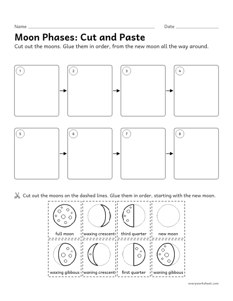 Preview of the printable “Moon phases cut and paste” worksheet: putting the moon’s phases in order