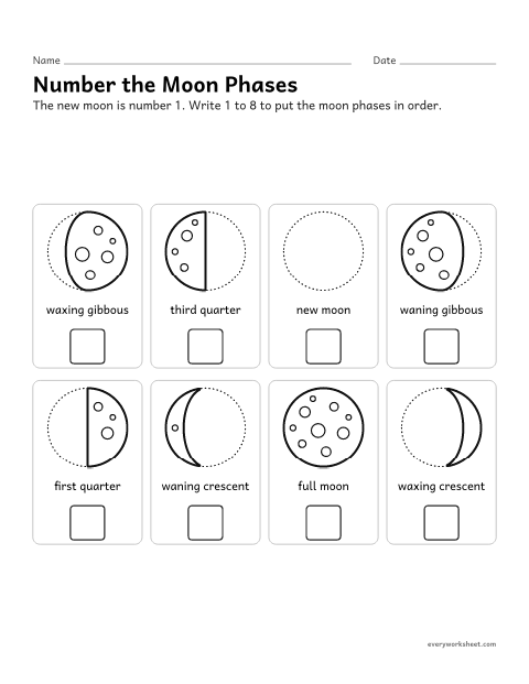 Preview of the printable “Moon phases in order worksheet” worksheet: putting the moon’s phases in order