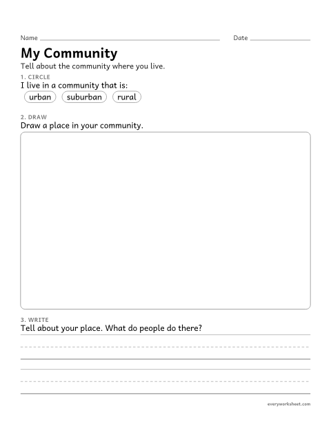 Preview of the printable “My community worksheet for 1st grade” worksheet: describing one’s own community