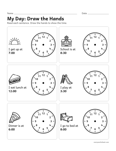 Preview of the printable “My Day: draw the hands” worksheet: showing times of daily events on a clock