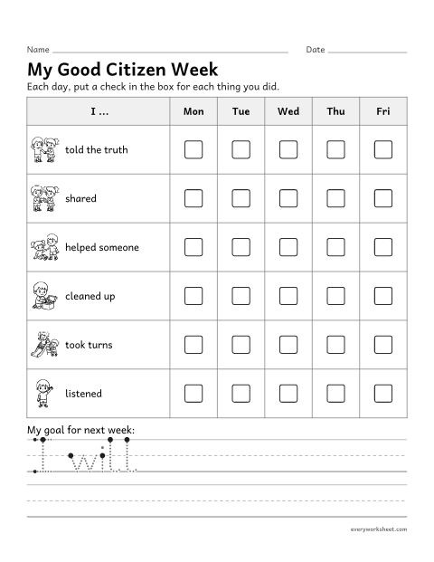Preview of the printable “My good citizen week chart” worksheet: tracking good citizen actions over a week