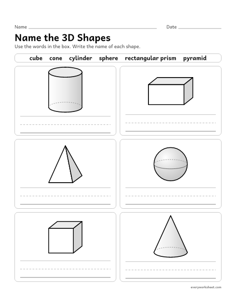 Preview of the printable “Name the 3D shapes” worksheet: naming cubes, rectangular prisms, cones, cylinders, spheres and pyramids