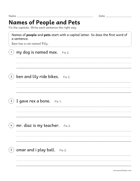 Preview of the printable “Names of people and pets” worksheet: capitalizing the names of people and pets