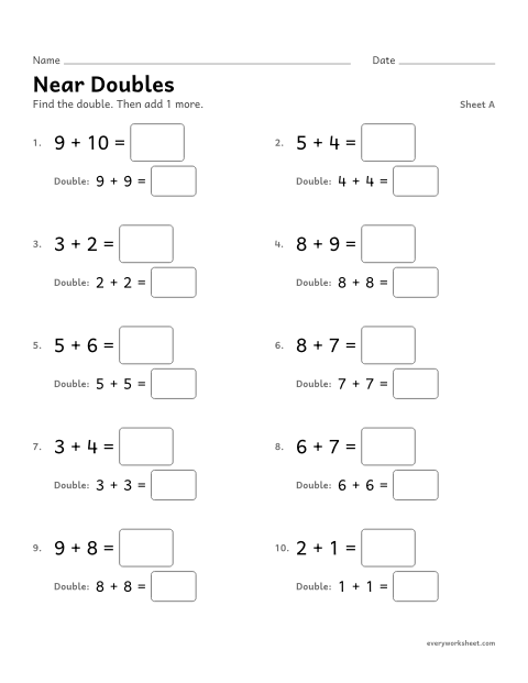 Preview of the printable “Near Doubles, sheet A” worksheet: adding near doubles as a double plus 1