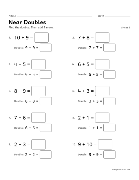 Preview of the printable “Near Doubles, sheet B” worksheet: adding near doubles as a double plus 1