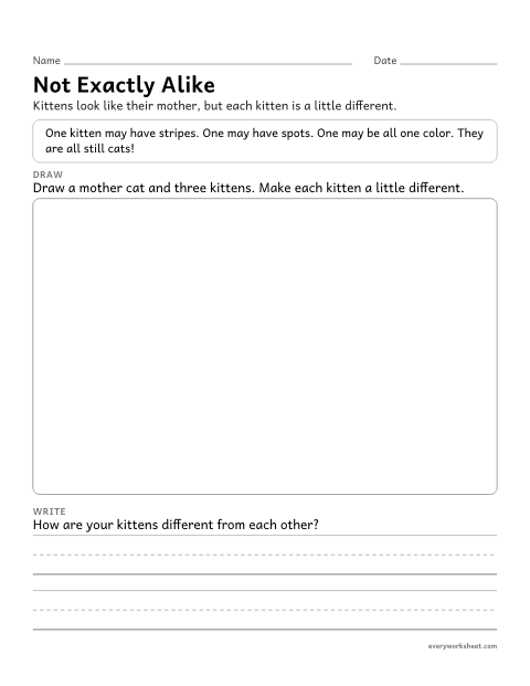 Preview of the printable “Not exactly Alike: kittens drawing worksheet” worksheet: showing that young animals are like, but not exactly like, their parents