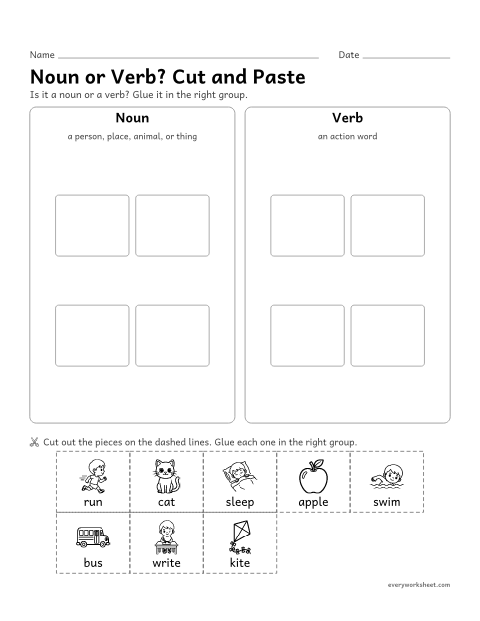 Preview of the printable “Noun or Verb? cut and paste” worksheet: sorting nouns and verbs