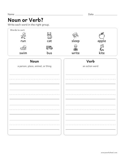Preview of the printable “Noun or Verb?” worksheet: sorting nouns and verbs