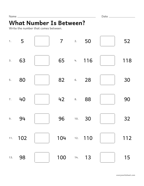 Preview of the printable “What number is Between?” worksheet: naming the number between two numbers to 120