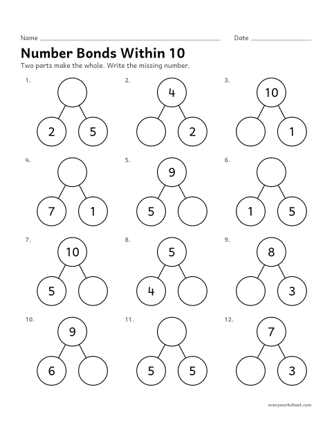 Preview of the printable “Number bonds within 10” worksheet: finding a missing part or whole within 10