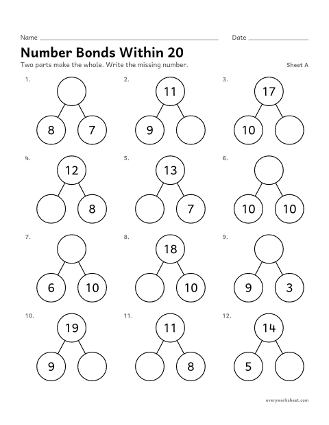 Preview of the printable “Number bonds within 20, sheet A” worksheet: finding a missing part or whole within 20