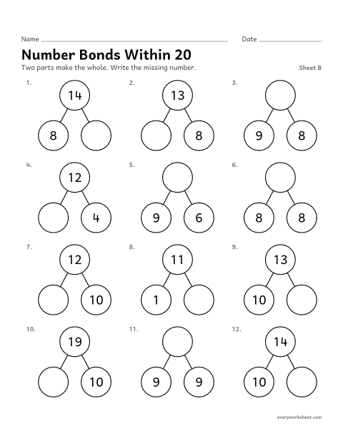 Preview of the printable “Number bonds within 20, sheet B” worksheet: finding a missing part or whole within 20