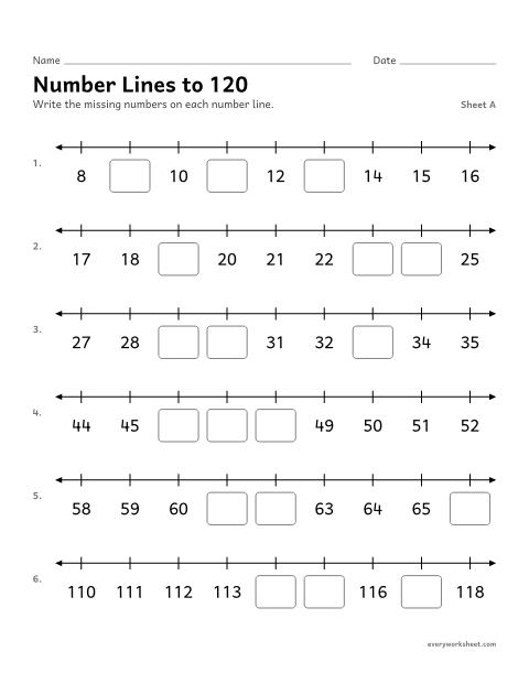Preview of the printable “Number lines to 120, sheet A” worksheet: writing missing numbers on number lines to 120