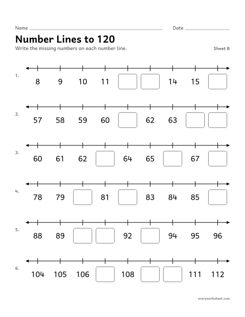Preview of the printable “Number lines to 120, sheet B” worksheet: writing missing numbers on number lines to 120
