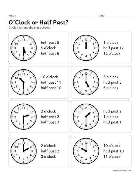 Preview of the printable “O’Clock or half Past?” worksheet: telling time in words: o'clock and half past