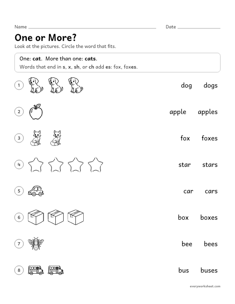 Preview of the printable “One or More?” worksheet: telling singular and plural nouns apart
