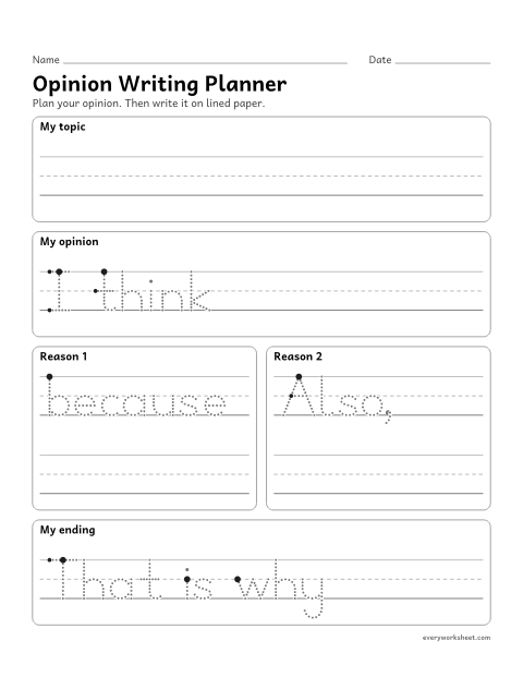 Preview of the printable “Opinion writing planner” worksheet: planning an opinion piece with a topic, an opinion, reasons and an ending