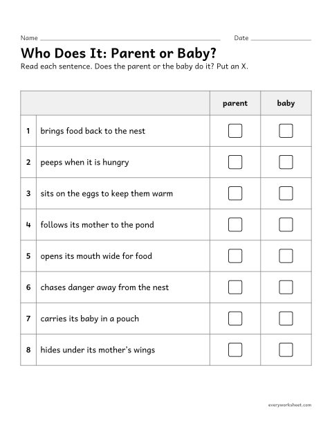 Preview of the printable “Animal parent or baby behavior sort” worksheet: sorting behaviors of parents and offspring that help the young survive