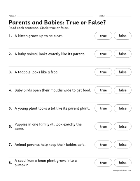 Preview of the printable “Parents and offspring true or false” worksheet: checking facts about how young plants and animals are like their parents