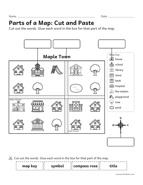 Preview of the printable “Parts of a map cut and paste” worksheet: labeling the parts of a map