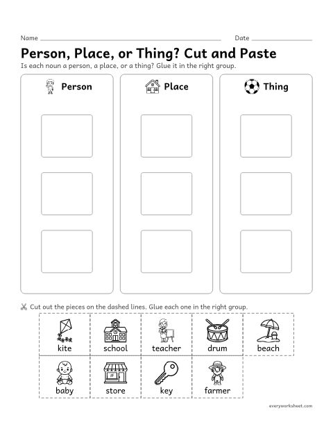 Preview of the printable “Person, Place, or Thing? cut and paste” worksheet: sorting nouns into people, places and things