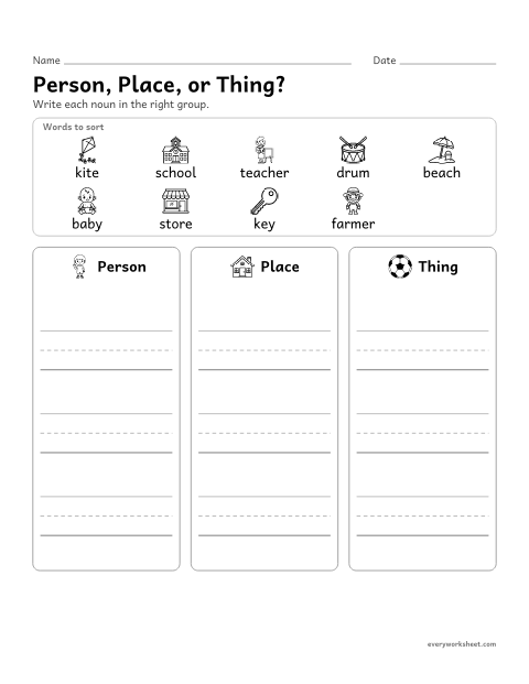 Preview of the printable “Person, Place, or Thing?” worksheet: sorting nouns into people, places and things
