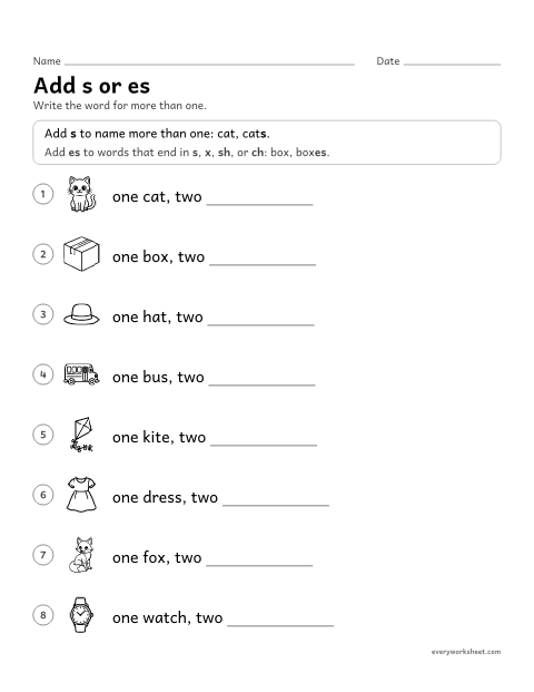 Preview of the printable “Add s or es” worksheet: making plural nouns by adding s or es