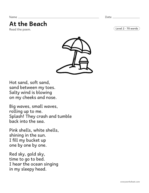 Preview of the printable “At the beach” worksheet: finding rhyming words and words for the senses in a poem